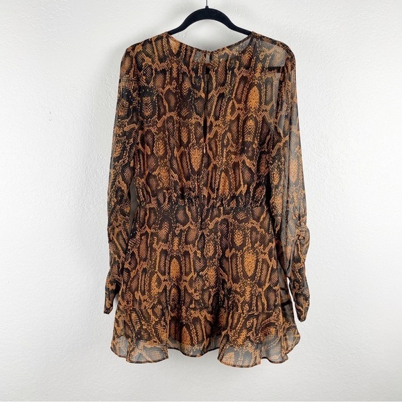 Finders Keepers Lana Long Sleeve Ruched Snakeskin Print Mini Dress Size 10 Brown - Picture 3 of 8